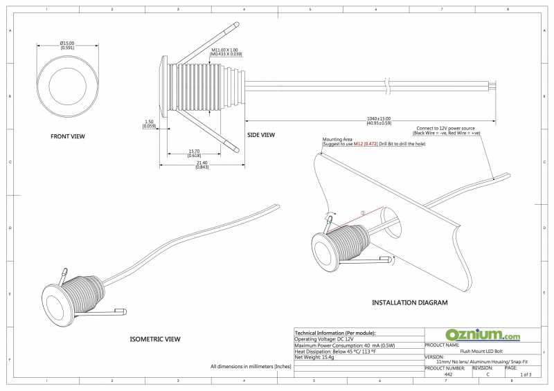 Tech drawing for LED bolt